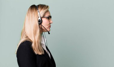 on profile view thinking, imagining or daydreaming. telemarketer concept