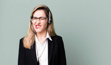 looking puzzled and confused. telemarketer concept