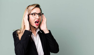 feeling happy, excited and surprised. telemarketer concept