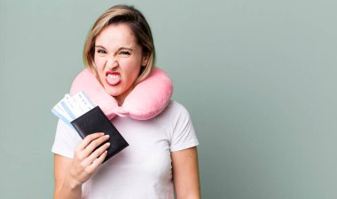 feeling disgusted and irritated and tongue out. flight passenger concept