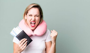 shouting aggressively with an angry expression. flight passenger concept