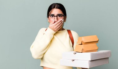 covering mouth with hands with a shocked. fast food delivery or take away