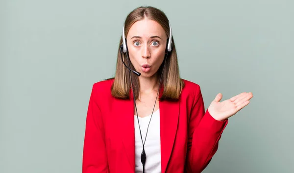 Looking Surprised Shocked Jaw Dropped Holding Object Telemarketer Concept — Foto de Stock