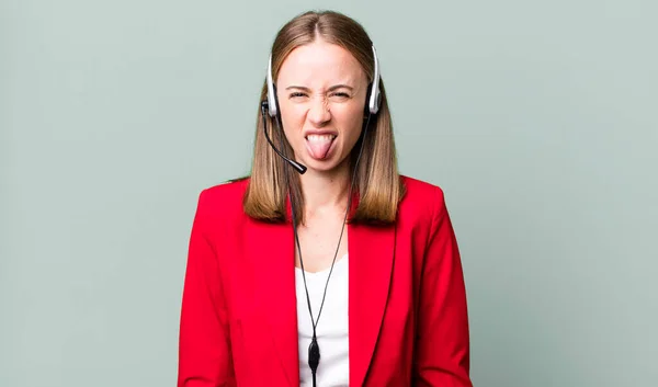 Feeling Disgusted Irritated Tongue Out Telemarketer Concept — 图库照片