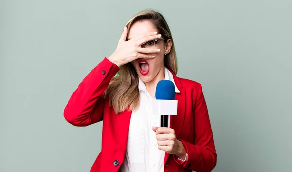 Looking Shocked Scared Terrified Covering Face Hand Journalist Presenter Concept — Photo
