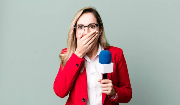 Covering Mouth Hands Shocked Journalist Presenter Concept — Photo