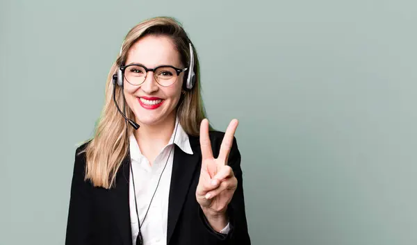 Smiling Looking Happy Gesturing Victory Peace Telemarketer Concept — 图库照片