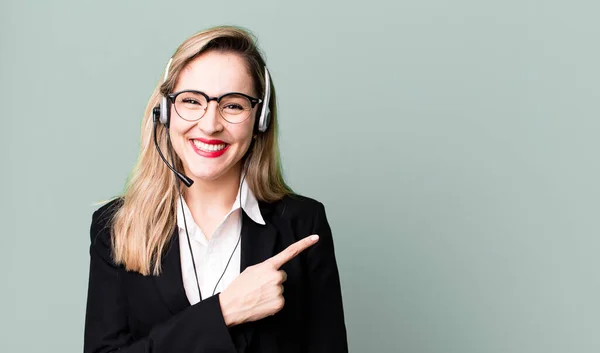 Smiling Cheerfully Feeling Happy Pointing Side Telemarketer Concept — Fotografia de Stock
