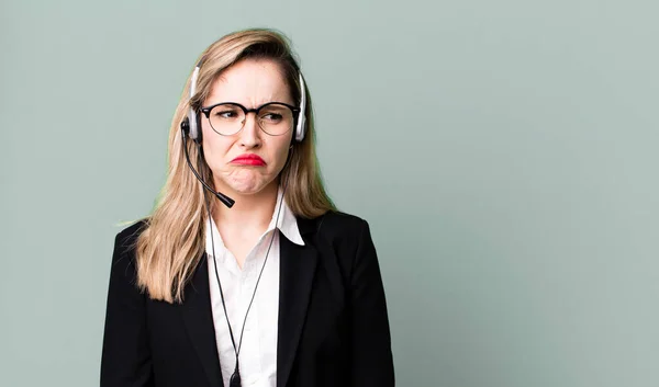 Feeling Sad Upset Angry Looking Side Telemarketer Concept — 图库照片