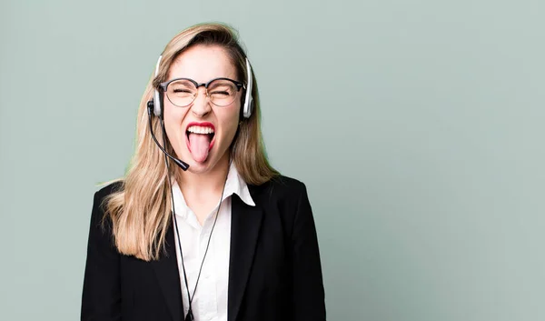 Feeling Disgusted Irritated Tongue Out Telemarketer Concept — Foto de Stock