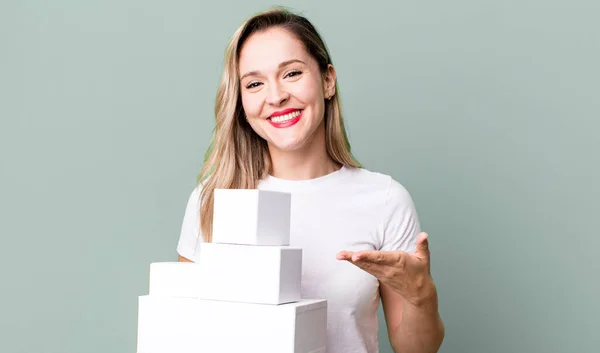 Smiling Cheerfully Feeling Happy Showing Concept White Boxes Concept — Stockfoto
