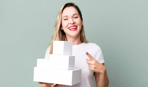 Looking Excited Surprised Pointing Side White Boxes Concept — Stockfoto