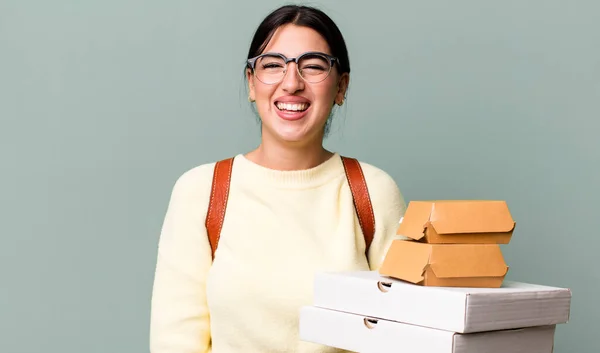 Looking Happy Pleasantly Surprised Fast Food Delivery Take Away — Foto Stock