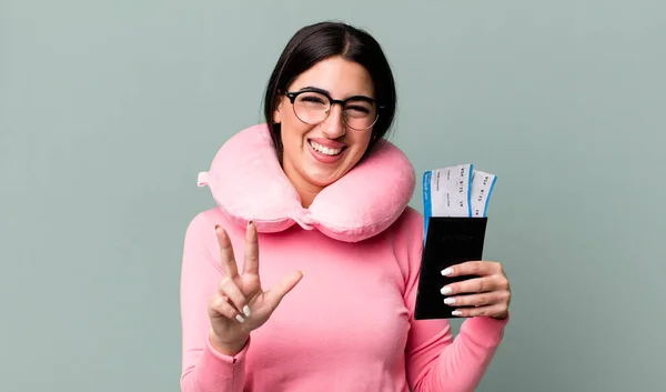 Smiling Looking Friendly Showing Number Three Flight Passenger Concept — Fotografia de Stock