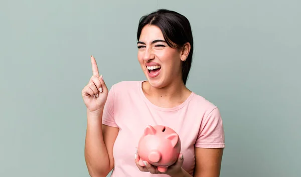 Feeling Happy Excited Genius Realizing Idea Piggy Bank — Foto Stock