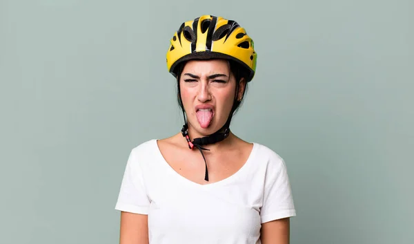 Feeling Disgusted Irritated Tongue Out Bike Helmet Concept — Stock Photo, Image