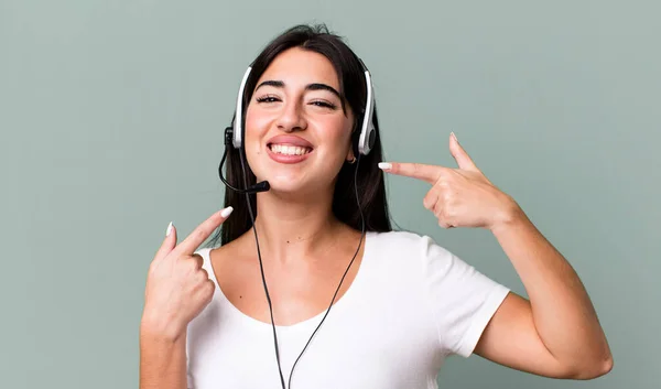 Smiling Confidently Pointing Own Broad Smile Telemarketer Concept — Stockfoto