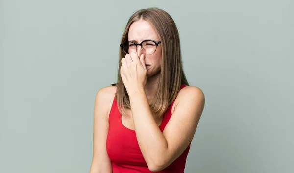 Feeling Disgusted Holding Nose Avoid Smelling Foul Unpleasant Stench — Stock Photo, Image