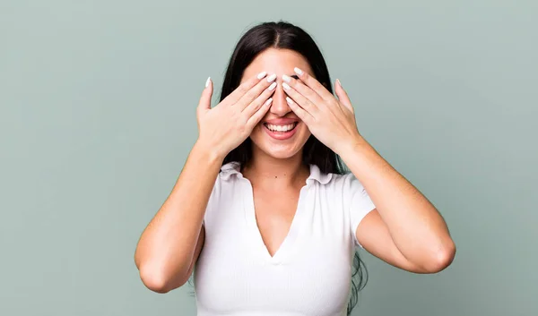 Smiling Feeling Happy Covering Eyes Both Hands Waiting Unbelievable Surprise — Stock Photo, Image