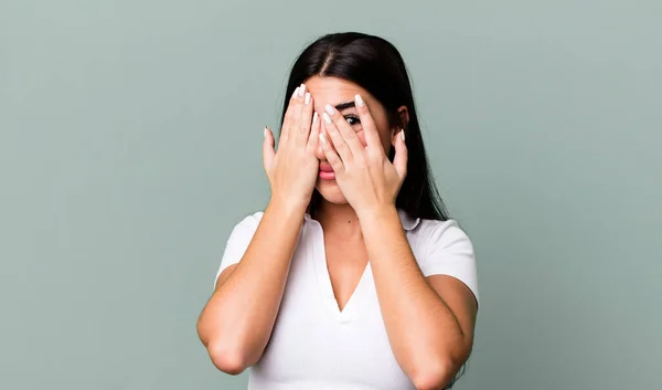 Covering Face Hands Peeking Fingers Surprised Expression Looking Side — Stock Photo, Image