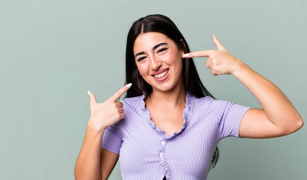 Smiling Confidently Pointing Own Broad Smile Positive Relaxed Satisfied Attitude — Stock Photo, Image