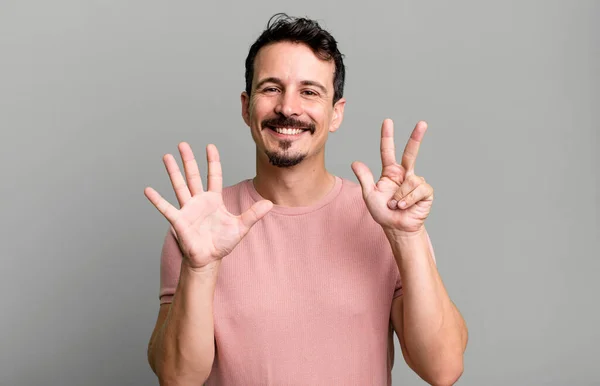 Smiling Looking Friendly Showing Number Eight Eighth Hand Forward Counting — Stock Photo, Image