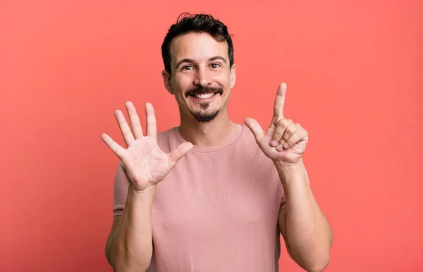 Smiling Looking Friendly Showing Number Seven Seventh Hand Forward Counting — Stock Photo, Image