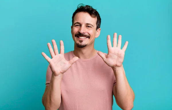 Smiling Looking Friendly Showing Number Ten Tenth Hand Forward Counting — Stock Photo, Image