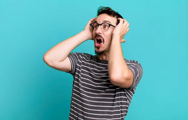 Open Mouth Looking Horrified Shocked Because Terrible Mistake Raising Hands — Stock Photo, Image