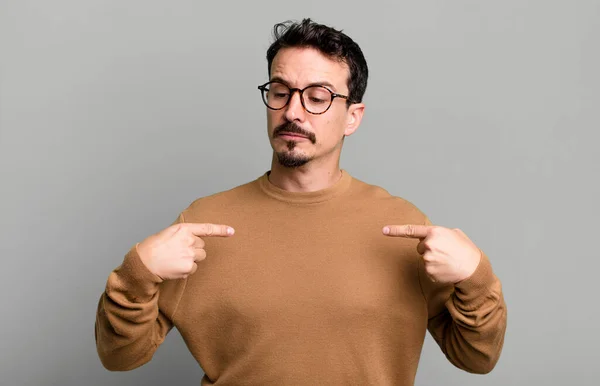 Looking Proud Positive Casual Pointing Chest Both Hands — Stock Photo, Image
