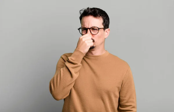 Feeling Disgusted Holding Nose Avoid Smelling Foul Unpleasant Stench — Stock Photo, Image