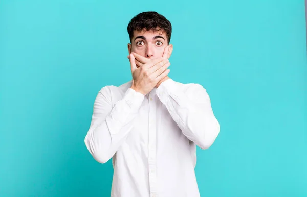 Man Covering Mouth Hands Shocked Surprised Expression Keeping Secret Saying — Stock Photo, Image