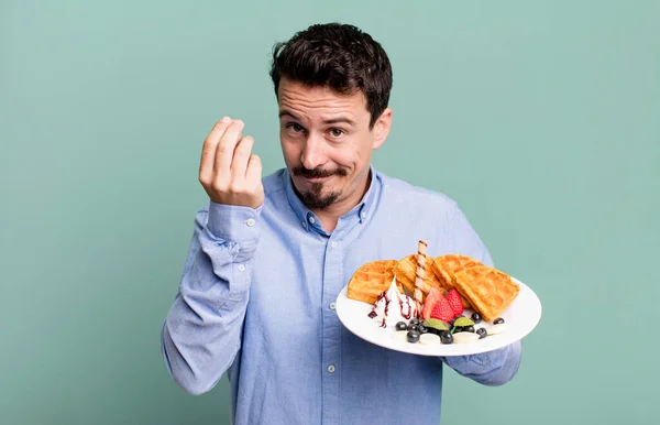 Adult Man Having Waffles Breakfast — Stok fotoğraf