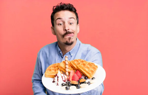 Adult Man Having Waffles Breakfast — Stock Fotó