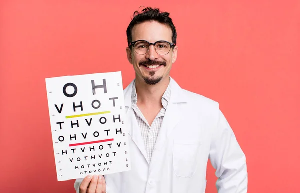 Adult Man Smiling Happily Hand Hip Confident Optical Vision Test — Stockfoto