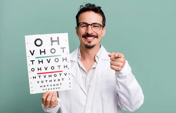 Adult Man Pointing Camera Choosing You Optical Vision Test Concept — Stockfoto