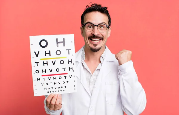 Adult Man Feeling Shocked Laughing Celebrating Success Optical Vision Test — Stockfoto