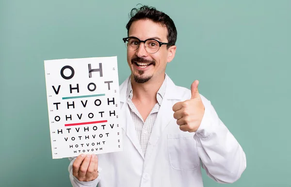 Adult Man Feeling Proud Smiling Positively Thumbs Optical Vision Test — Stockfoto