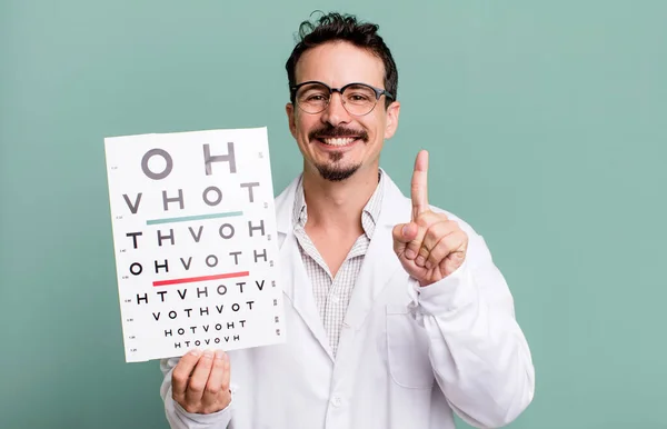 Adult Man Smiling Proudly Confidently Making Number One Optical Vision — Stockfoto