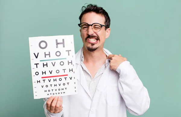 Adult Man Feeling Stressed Anxious Tired Frustrated Optical Vision Test — Fotografia de Stock