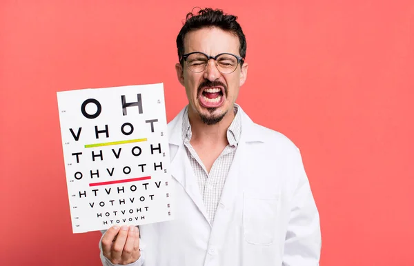 Adult Man Shouting Aggressively Looking Very Angry Optical Vision Test — Stockfoto