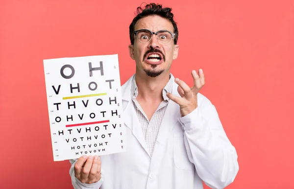 Adult Man Looking Desperate Frustrated Stressed Optical Vision Test Concept — Fotografia de Stock