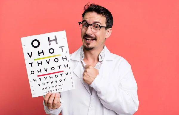 Adult Man Feeling Happy Facing Challenge Celebrating Optical Vision Test — Stockfoto
