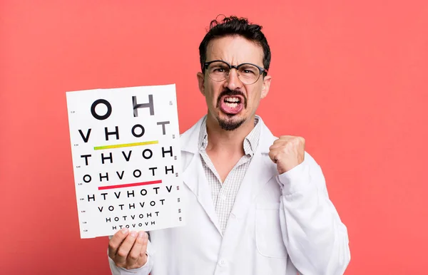 Adult Man Shouting Aggressively Angry Expression Optical Vision Test Concept — Stock Photo, Image