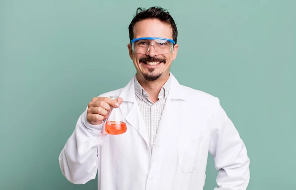 Adult Man Smiling Happily Hand Hip Confident Scientist Concept — Stockfoto