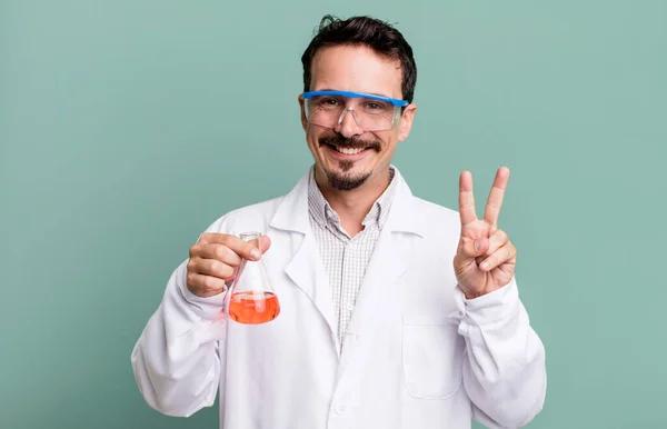 Adult Man Smiling Looking Happy Gesturing Victory Peace Scientist Concept — Stockfoto