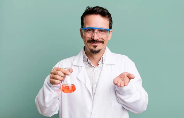Adult Man Smiling Happily Friendly Offering Showing Concept Scientist Concept — Stockfoto