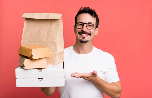 Adult Man Smiling Cheerfully Feeling Happy Showing Concept Fast Food — Foto Stock