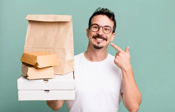 Adult Man Smiling Confidently Pointing Own Broad Smile Fast Food — Foto Stock