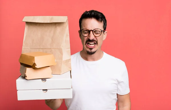 Adult Man Shouting Aggressively Looking Very Angry Fast Food Delivery — Foto Stock